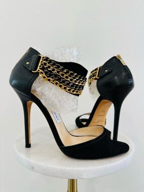 Jimmy Choo Black High Heel Sandals with Gold Chain Detail
